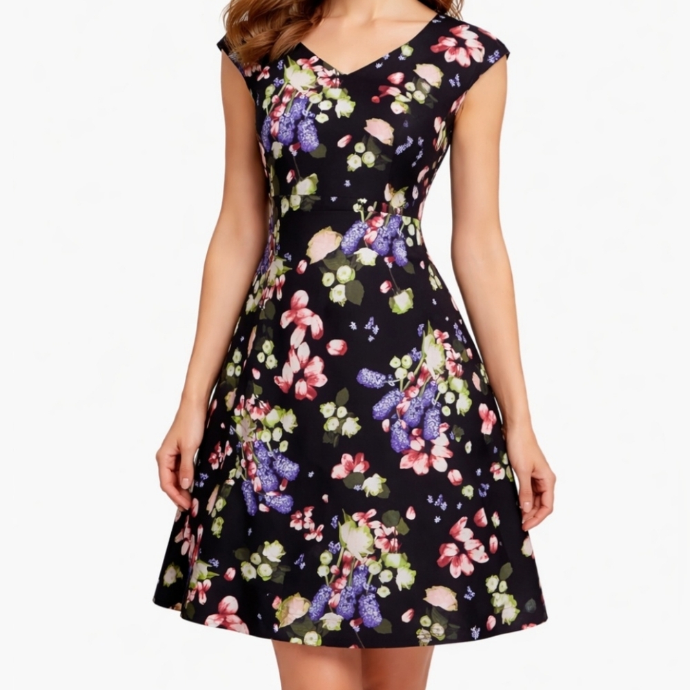 JM Studio By John Meyer Black Multicolor Floral Fit & Flare Dress